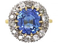 Edwardian 18ct Gold and Platinum Unheated Ceylon Sapphire and Diamond Cluster Ring