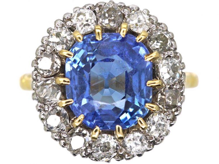 Edwardian 18ct Gold and Platinum Unheated Ceylon Sapphire and Diamond Cluster Ring
