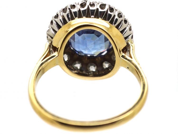 Edwardian 18ct Gold and Platinum Unheated Ceylon Sapphire and Diamond Cluster Ring