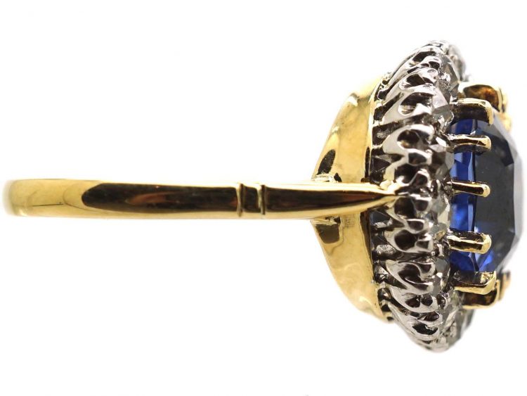 Edwardian 18ct Gold and Platinum Unheated Ceylon Sapphire and Diamond Cluster Ring