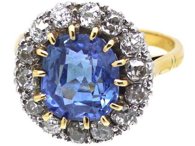 Edwardian 18ct Gold and Platinum Unheated Ceylon Sapphire and Diamond Cluster Ring