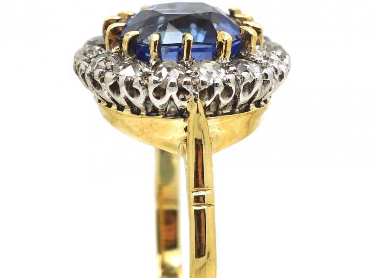 Edwardian 18ct Gold and Platinum Unheated Ceylon Sapphire and Diamond Cluster Ring