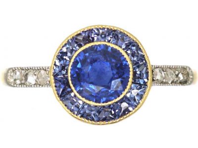 Art Deco 18ct Gold Sapphire and Rose Diamond Target Ring