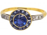 Art Deco 18ct Gold Sapphire and Rose Diamond Target Ring