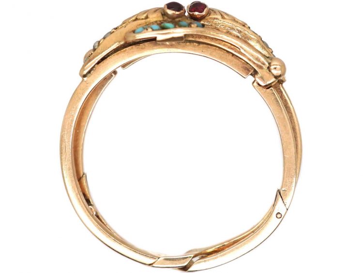 Victorian 18ct Gold Puzzle Double Snake Ring set with Turquoise & Garnets