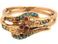 Victorian 18ct Gold Puzzle Double Snake Ring set with Turquoise & Garnets