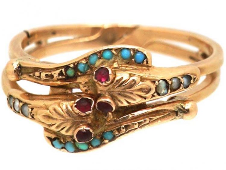 Victorian 18ct Gold Puzzle Double Snake Ring set with Turquoise & Garnets