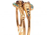 Victorian 18ct Gold Puzzle Double Snake Ring set with Turquoise & Garnets