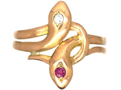 Edwardian 14ct Gold Double Snake Ring set with a Ruby & Diamond