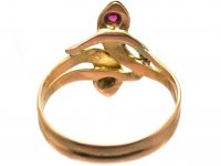 Edwardian 14ct Gold Double Snake Ring set with a Ruby & Diamond