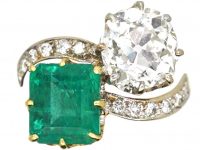 French Early 20th Century 18ct Gold & Platinum, Large Emerald & Diamond Crossover Ring