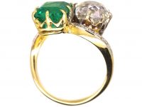 French Early 20th Century 18ct Gold & Platinum, Large Emerald & Diamond Crossover Ring