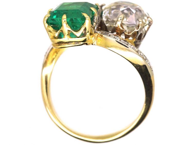 French Early 20th Century 18ct Gold & Platinum, Large Emerald & Diamond Crossover Ring
