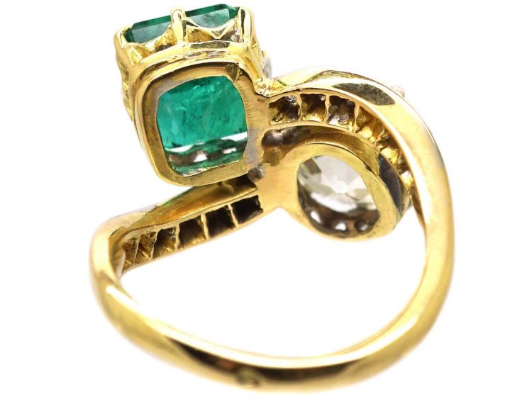 French Early 20th Century 18ct Gold & Platinum, Large Emerald & Diamond Crossover Ring