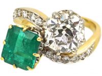 French Early 20th Century 18ct Gold & Platinum, Large Emerald & Diamond Crossover Ring