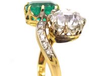French Early 20th Century 18ct Gold & Platinum, Large Emerald & Diamond Crossover Ring