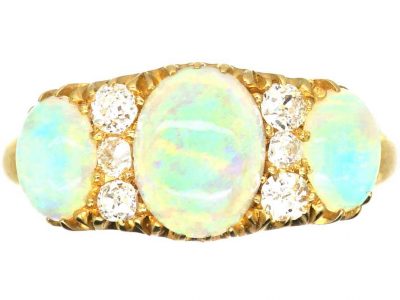 Victorian 18ct Gold, Three Stone Opal Ring with Diamonds in Between