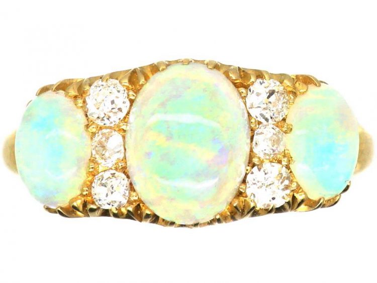 Victorian 18ct Gold, Three Stone Opal Ring with Diamonds in Between