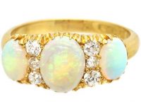 Victorian 18ct Gold, Three Stone Opal Ring with Diamonds in Between