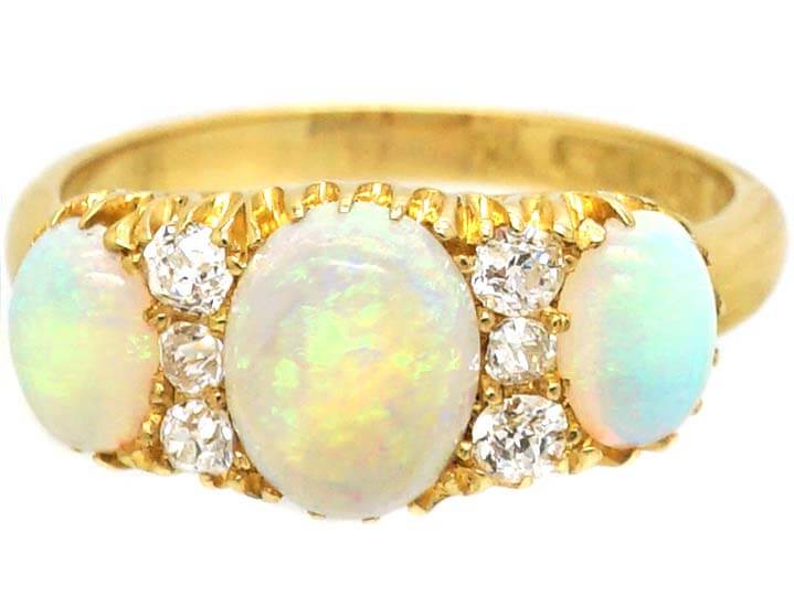 Victorian 18ct Gold, Three Stone Opal Ring with Diamonds in Between