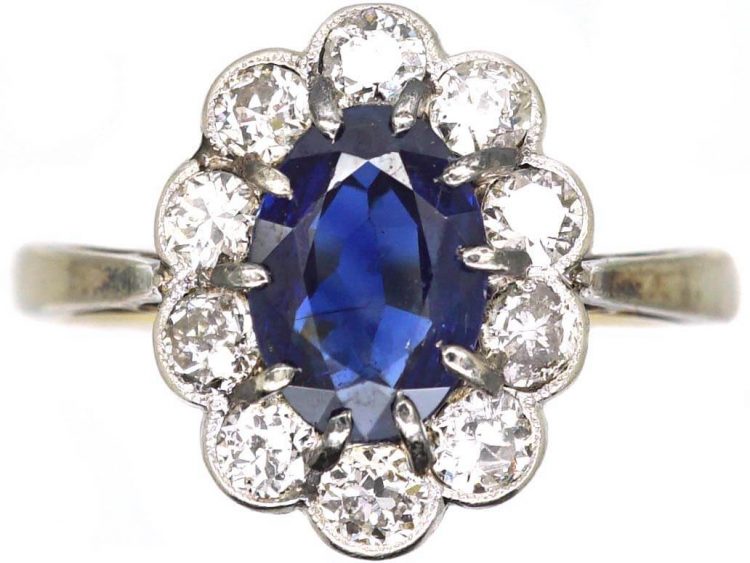 Edwardian 18ct Gold & Platinum, Sapphire & Diamond Oval Cluster Ring