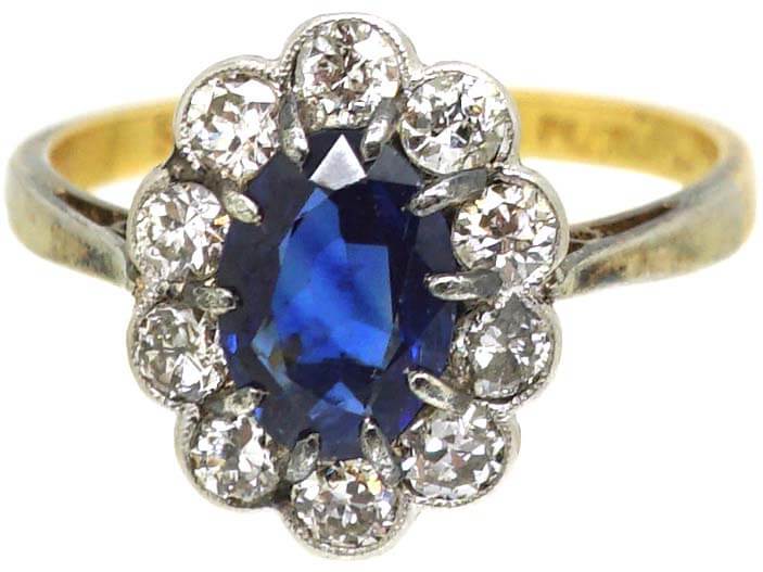 Edwardian 18ct Gold & Platinum, Sapphire & Diamond Oval Cluster Ring