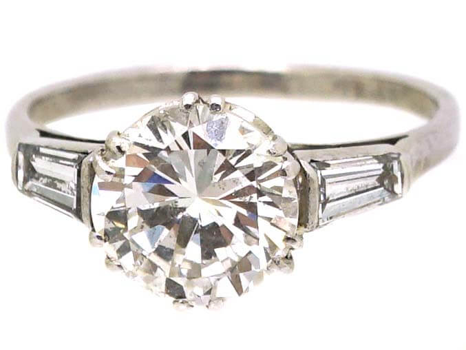 Art Deco Platinum 2.27 Carat Diamond Solitaire Ring with Tapered Baguette Diamond Shoulders