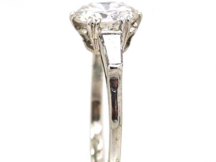 Art Deco Platinum 2.27 Carat Diamond Solitaire Ring with Tapered Baguette Diamond Shoulders