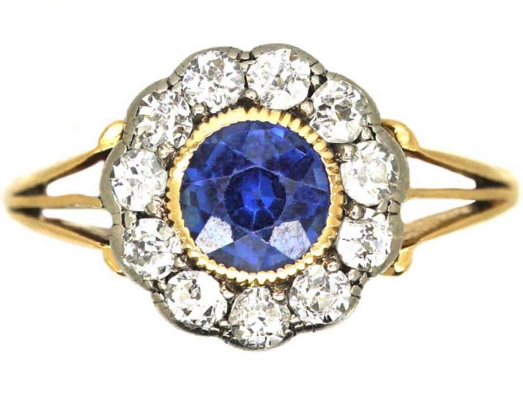 Edwardian 18ct Gold & Platinum, Sapphire & Diamond Cluster Ring