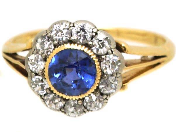 Edwardian 18ct Gold & Platinum, Sapphire & Diamond Cluster Ring