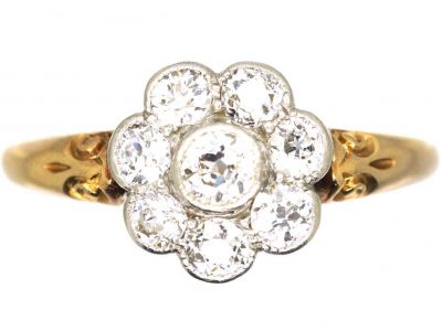 Edwardian 18ct Gold & Platinum, Old Mine Cut Diamond Daisy Cluster Ring with Ornate Shoulders