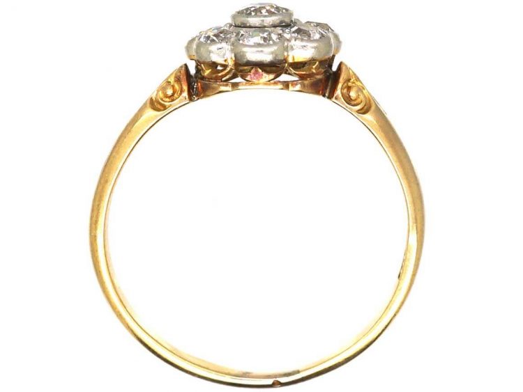 Edwardian 18ct Gold & Platinum, Old Mine Cut Diamond Daisy Cluster Ring with Ornate Shoulders