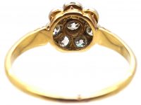 Edwardian 18ct Gold & Platinum, Old Mine Cut Diamond Daisy Cluster Ring with Ornate Shoulders