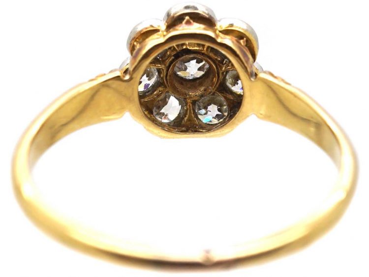 Edwardian 18ct Gold & Platinum, Old Mine Cut Diamond Daisy Cluster Ring with Ornate Shoulders