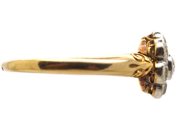 Edwardian 18ct Gold & Platinum, Old Mine Cut Diamond Daisy Cluster Ring with Ornate Shoulders