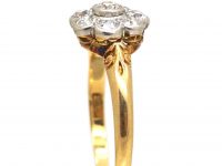 Edwardian 18ct Gold & Platinum, Old Mine Cut Diamond Daisy Cluster Ring with Ornate Shoulders
