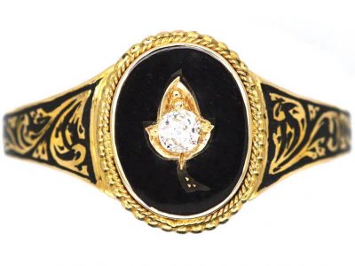 Victorian 18ct Gold Black Enamel Mourning Ring set with a Diamond