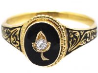 Victorian 18ct Gold Black Enamel Mourning Ring set with a Diamond