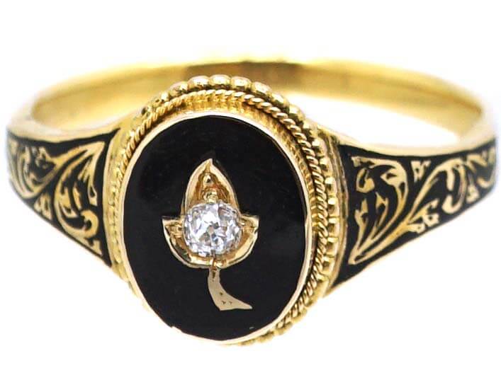 Victorian 18ct Gold Black Enamel Mourning Ring set with a Diamond
