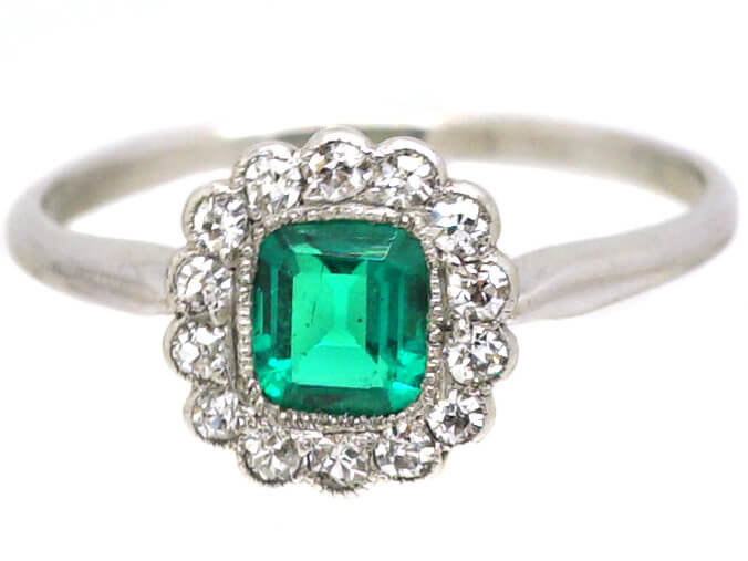 Edwardian Platinum, Emerald & Diamond Cluster Ring