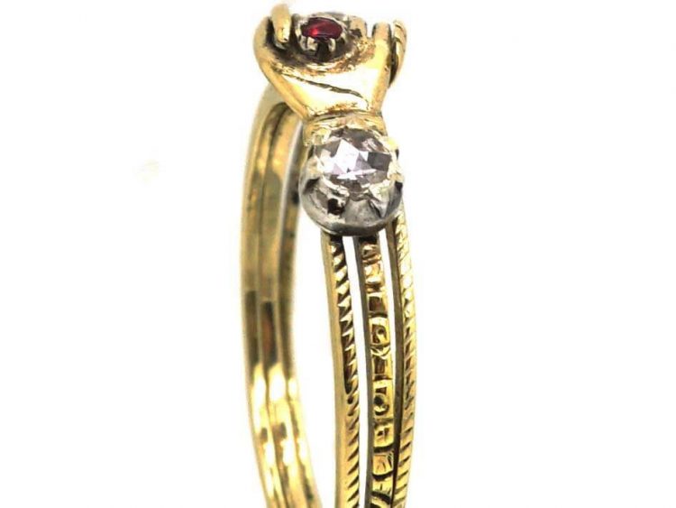 Georgian 15ct Gold Fede Ring set with Rose Diamonds & a Garnet