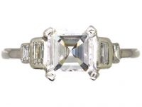 Art Deco Platinum Ring set with an Asscher Cut Diamond with Step Cut Shoulders set with Baguette Cut Diamonds