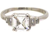Art Deco Platinum Ring set with an Asscher Cut Diamond with Step Cut Shoulders set with Baguette Cut Diamonds