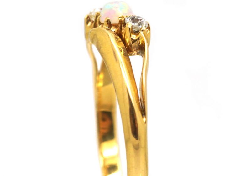 Victorian 18ct Gold Crossover Ring set with an Opal & Two Diamonds