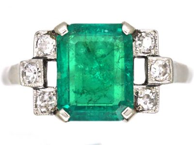 Art Deco 18ct White Gold & Platinum, Emerald Ring with Diamond Set Shoulders