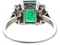 Art Deco 18ct White Gold & Platinum, Emerald Ring with Diamond Set Shoulders