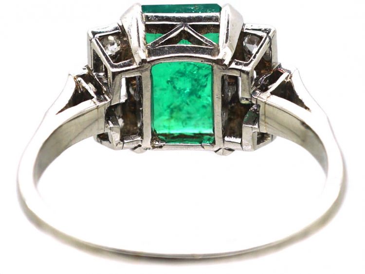 Art Deco 18ct White Gold & Platinum, Emerald Ring with Diamond Set Shoulders