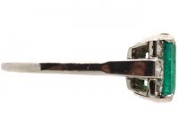 Art Deco 18ct White Gold & Platinum, Emerald Ring with Diamond Set Shoulders