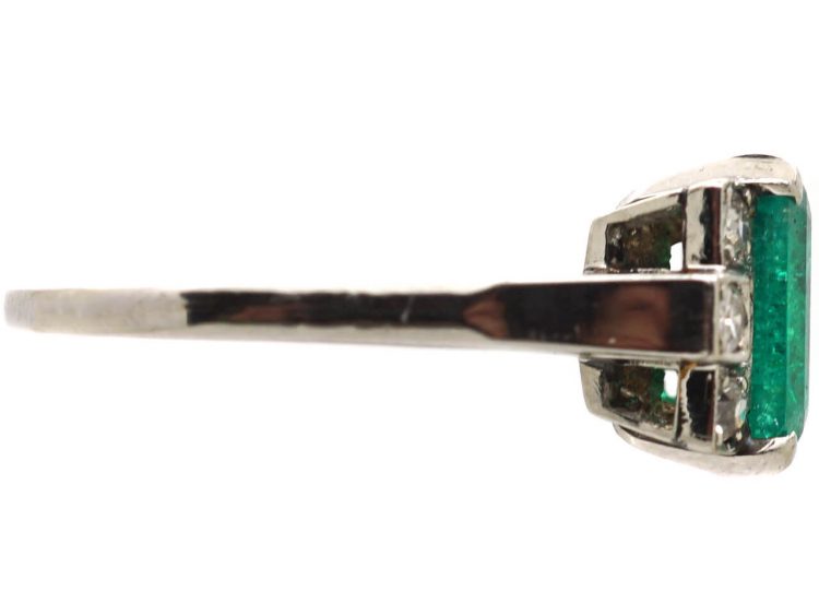 Art Deco 18ct White Gold & Platinum, Emerald Ring with Diamond Set Shoulders