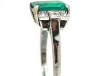 Art Deco 18ct White Gold & Platinum, Emerald Ring with Diamond Set Shoulders